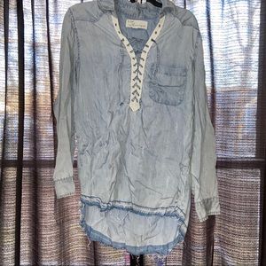 Lace up denim long sleeve shirt